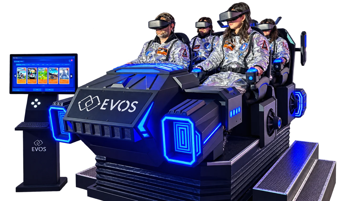 Participants équipés de casques VR sur un simulateur immersif EVOS