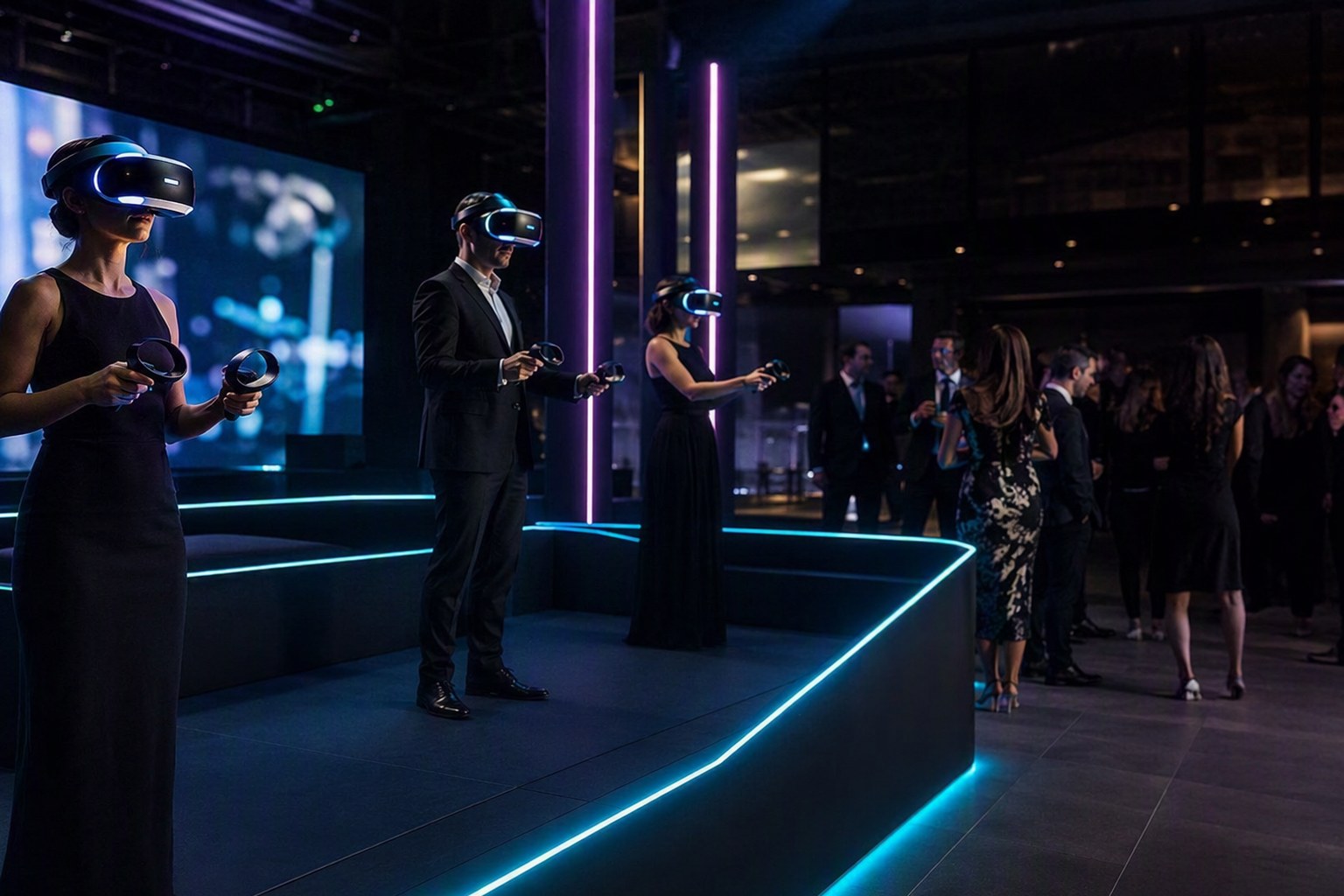 Invités d’une soirée d’entreprise portant des casques VR sur un stand baigné de lumière cyan