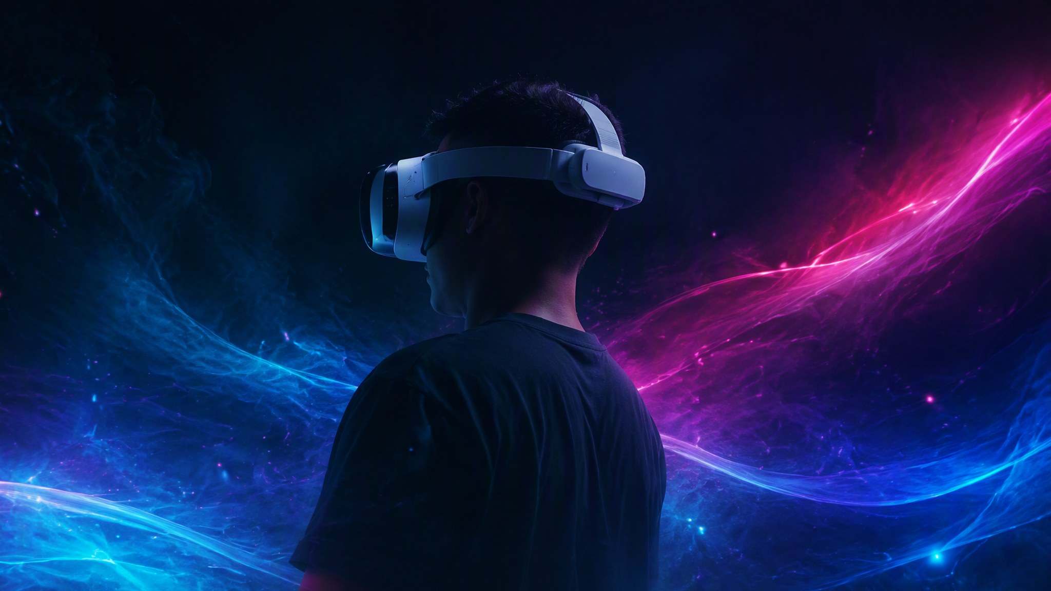Un visiteur portant un casque VR entouré de rubans de lumière cyan et magenta
